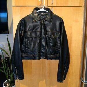 ZARA Black Faux Leather Cropped Jacket with Front Pockets